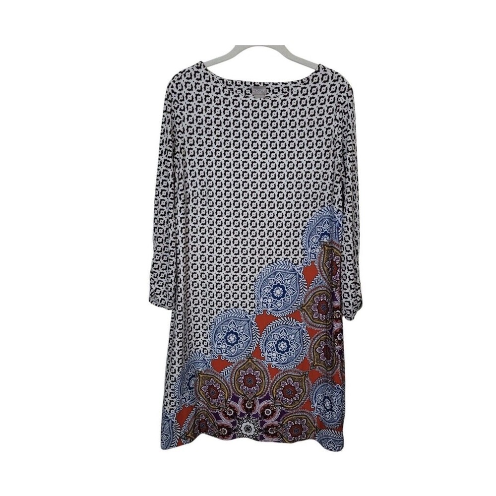 Chico's Knee Length Shift Dress Boho Paisley Medallion Print 3/4 Sleeves Sz XS
